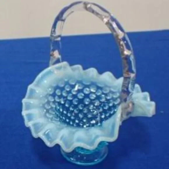 Vintage Fenton Blue Opalescent Glass Hobnail Vase Basket - Picture 1 of 1